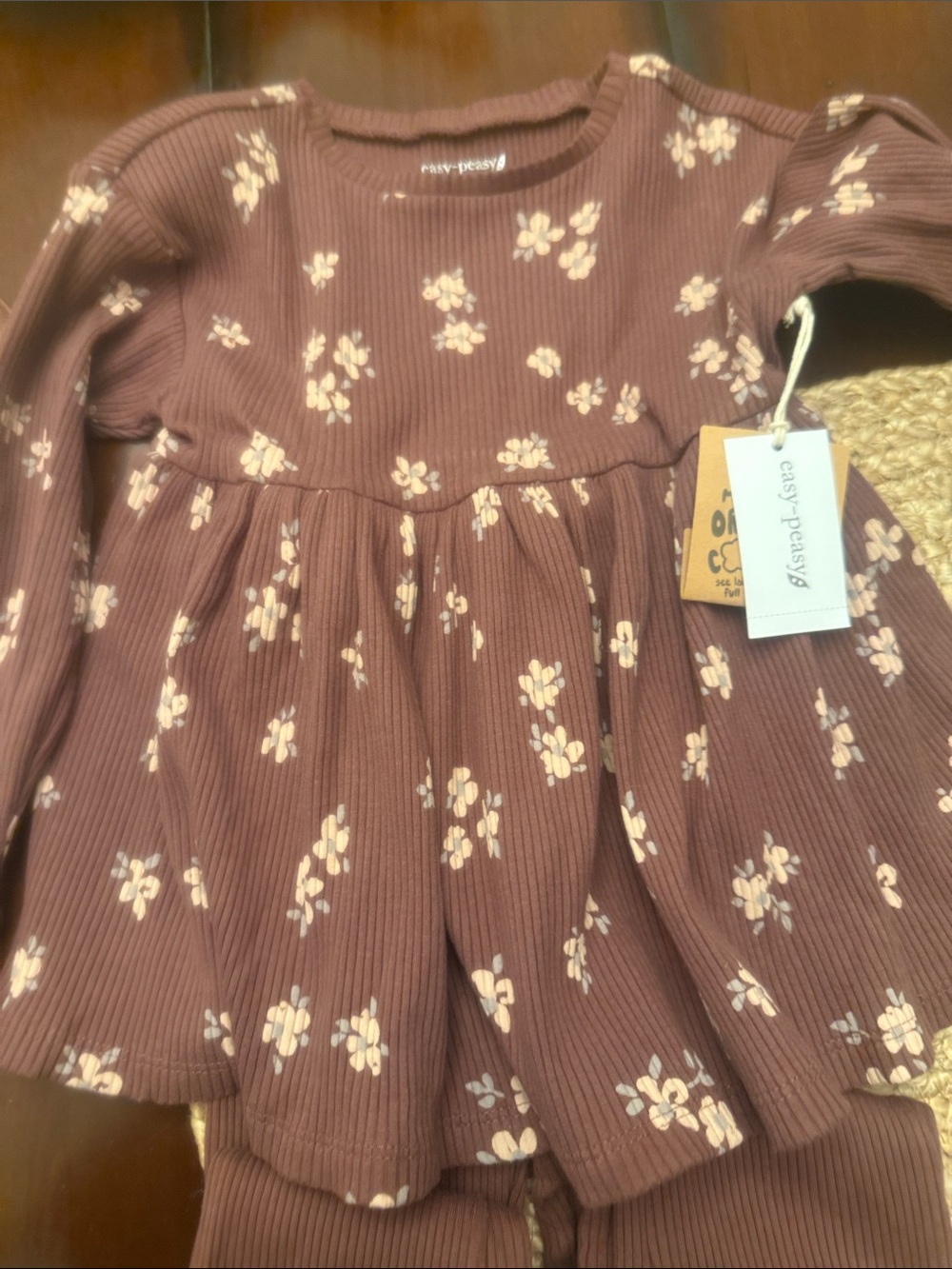 Easy Peasy Floral Ribbed Girls Top - Mauve with Cream Flowers